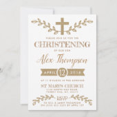 Rustic Kraft Cross & Foliage Christening Kaart (Voorkant)