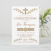 Rustic Kraft Cross & Foliage Christening Kaart (Staand voorkant)