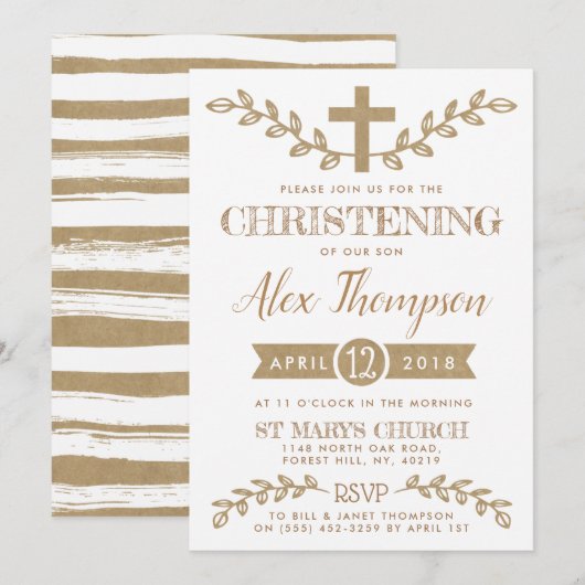 Rustic Kraft Cross & Foliage Christening Kaart (Voorkant / Achterkant)
