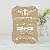 Rustic Kraft Cross & Foliage Christening Kaart (Staand voorkant)