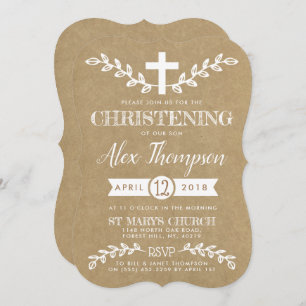 Rustic Kraft Cross & Foliage Christening Kaart
