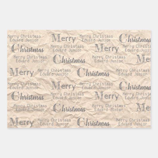 Rustic Kraft Distress Grey Font Merry Kerstmis Inpakpapier Vel (Voorkant 3)