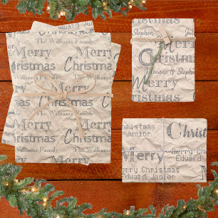 Rustic Kraft Distress Grey Font Merry Kerstmis Inpakpapier Vel