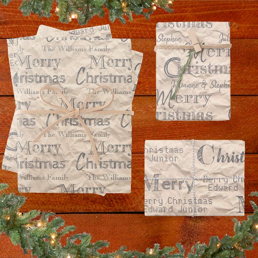 Rustic Kraft Distress Grey Font Merry Kerstmis Inpakpapier Vel