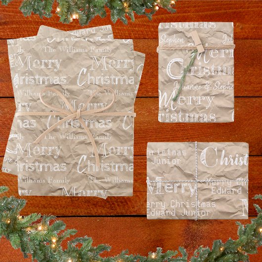 Rustic Kraft Distress White Font Merry Kerstmis Inpakpapier Vel