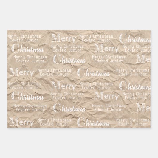 Rustic Kraft Distress White Font Merry Kerstmis Inpakpapier Vel (Voorkant 3)