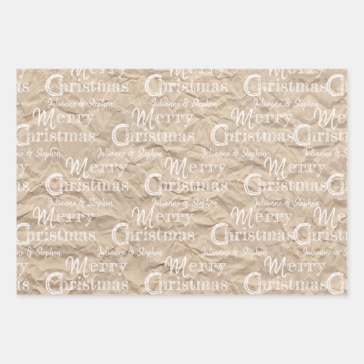 Rustic Kraft Distress White Font Merry Kerstmis Inpakpapier Vel (Voorkant 2)