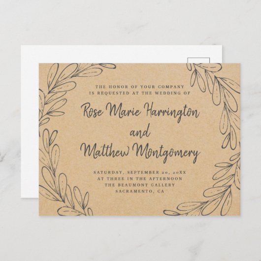 Rustic Kraft & door de hand getrokken lederen brui Uitnodiging Briefkaart (Voorkant / Achterkant)