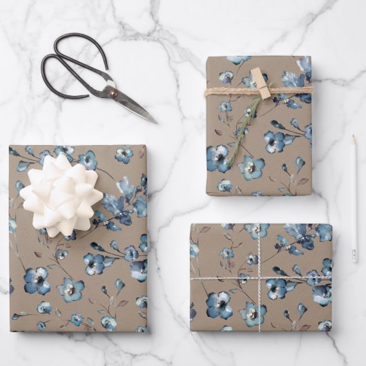 Rustic Kraft  Dusty Blue Small Flower Garden Inpakpapier Vel (Voorkant)