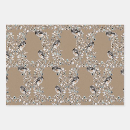 Rustic Kraft Dusty Blue Winter Birds Nesting Inpakpapier Vel (Voorkant 3)