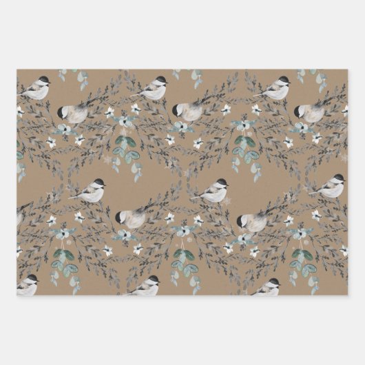 Rustic Kraft Dusty Blue Winter Birds Nesting Inpakpapier Vel (Voorkant 2)
