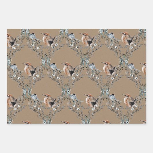 Rustic Kraft Dusty Blue Winter Birds Nesting Inpakpapier Vel (Voorkant)