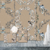 Rustic Kraft Dusty Blue Winter Florals & Birds Inpakpapier Vel