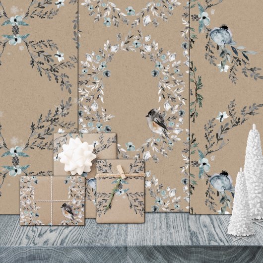Rustic Kraft Dusty Blue Winter Florals & Birds Inpakpapier Vel