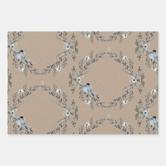Rustic Kraft Dusty Blue Winter Florals & Birds Inpakpapier Vel (Voorkant)