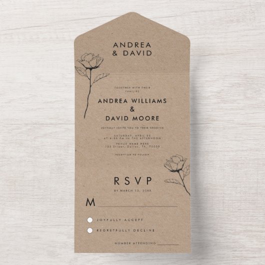 Rustic Kraft Earthy Hand Drawn Sketch Roos Wedding All In One Uitnodiging (Binnen)