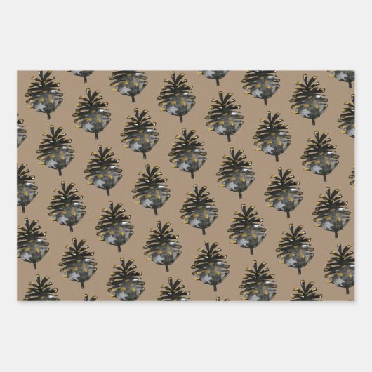 Rustic Kraft Elegant Black Gold Pine Cones Inpakpapier Vel (Voorkant 3)