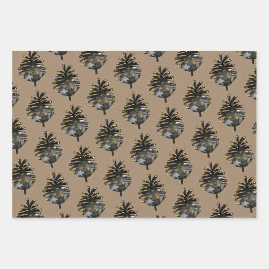 Rustic Kraft Elegant Black Gold Pine Cones Inpakpapier Vel (Voorkant)