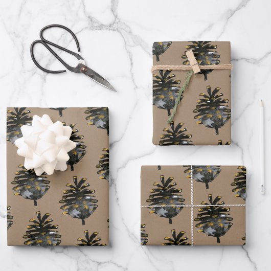 Rustic Kraft Elegant Black Gold Pine Cones Inpakpapier Vel (Voorkant)