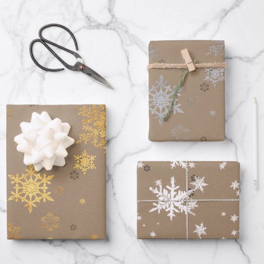 Rustic Kraft Elegant Gold Silver White Snowflakes Inpakpapier Vel (Voorkant)
