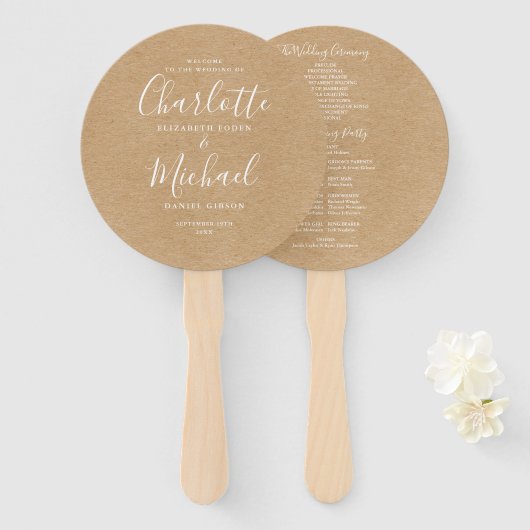 Rustic Kraft Elegant Script Wedding Program Handwaaier (Voorkant en achterkant)