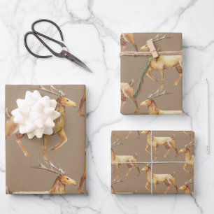 Rustic Kraft Elegant Snowy Gold Reindeer Stag Inpakpapier Vel