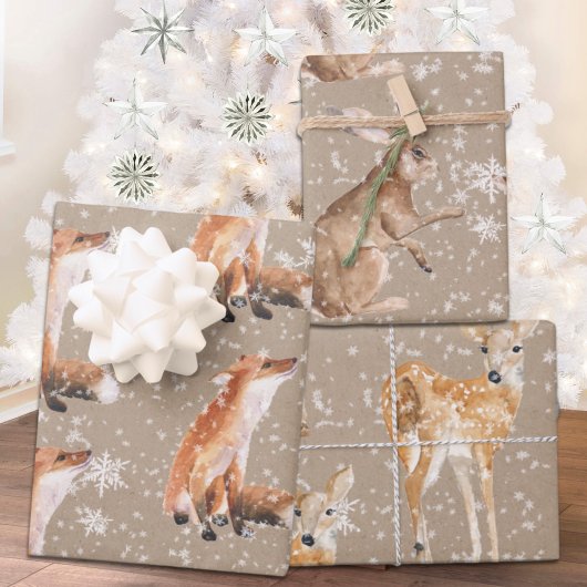 Rustic Kraft Elegant Snowy Winter Animals 2 Inpakpapier Vel