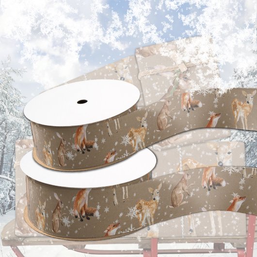 Rustic Kraft Elegant Snowy Winter Animals Grosgrain Lint