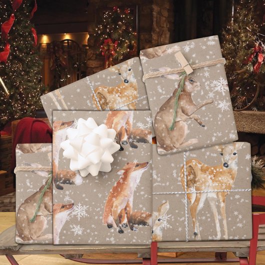 Rustic Kraft Elegant Snowy Winter Animals Inpakpapier Vel