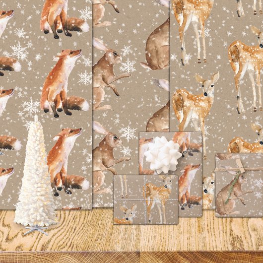 Rustic Kraft Elegant Snowy Winter Animals Inpakpapier Vel