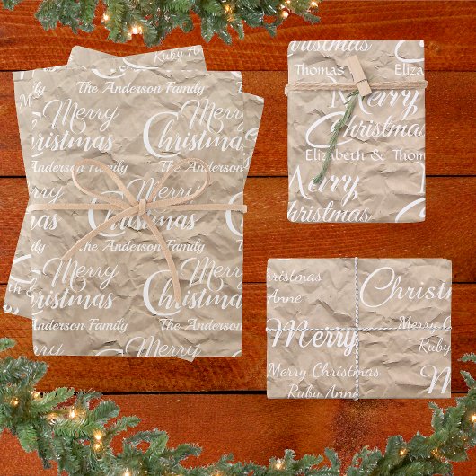 Rustic Kraft Elegant White Script Merry Kerstmis Inpakpapier Vel