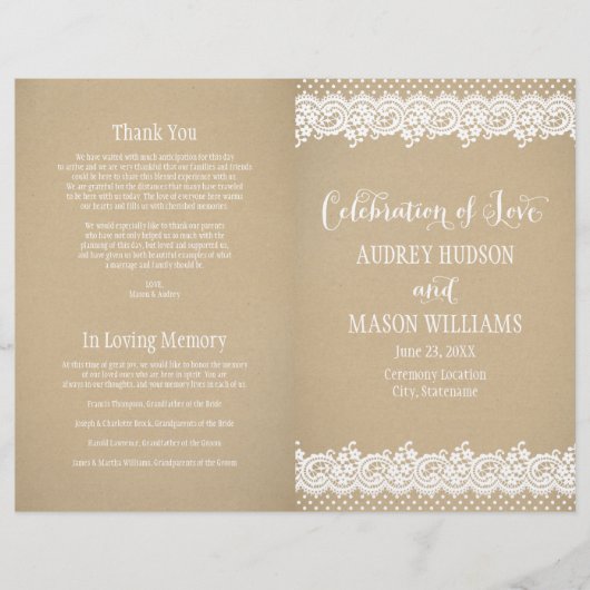 Rustic Kraft en Lace Wedding Ceremony Programma's (Voorkant)
