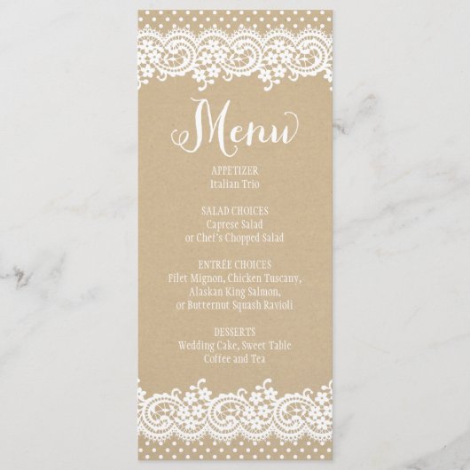 Rustic Kraft en Lace Wedding Dinner Menu (Voorkant)