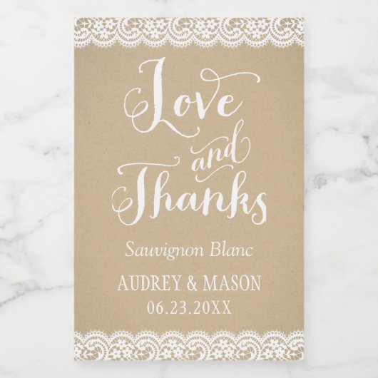 Rustic Kraft en Lace Wedding Wine Favor Wijn Etiket (Enkel label)