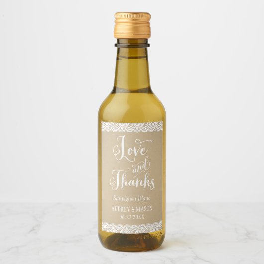 Rustic Kraft en Lace Wedding Wine Favor Wijn Etiket (Voorkant)