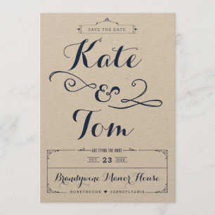 Rustic Kraft en Navy Kalligrafie Save the Dates Date