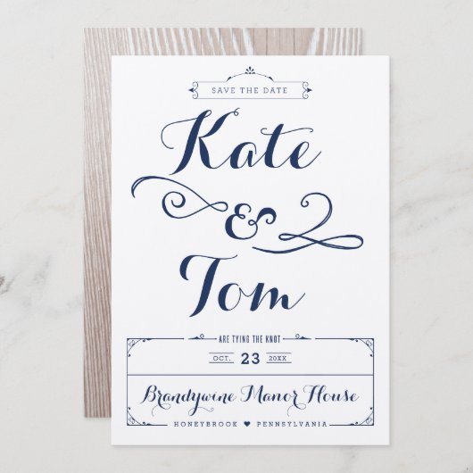 Rustic Kraft en Navy Kalligrafie Save the Dates Save The Date (Voorkant / Achterkant)