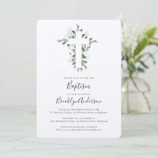 Rustic Kraft Eucalyptus Cross Baptisme Uitnodiging (Staand voorkant)