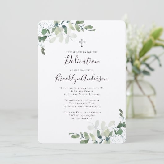 Rustic Kraft Eucalyptus Greenery Dedication Kaart (Staand voorkant)