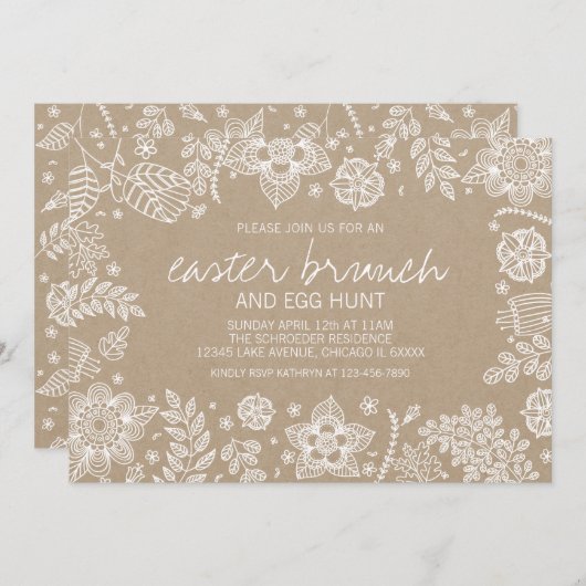 Rustic Kraft Floral Easter Brunch & Egg Hunt Card Kaart (Voorkant / Achterkant)