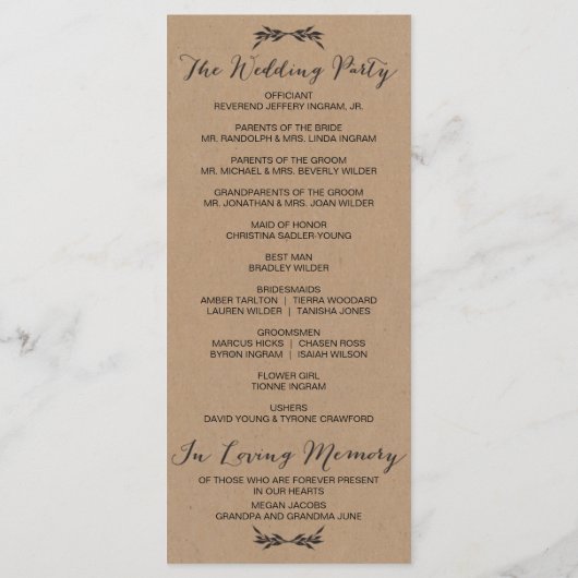 Rustic Kraft Floral Wedding Ceremony Programma Programmakaart (Achterkant)