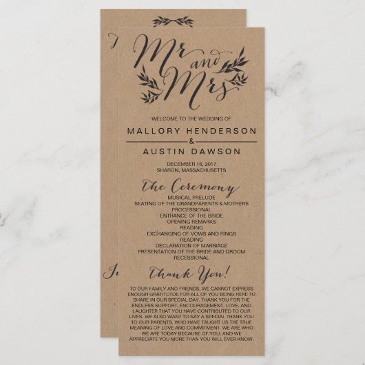 Rustic Kraft Floral Wedding Ceremony Programma Programmakaart (Voorkant / Achterkant)