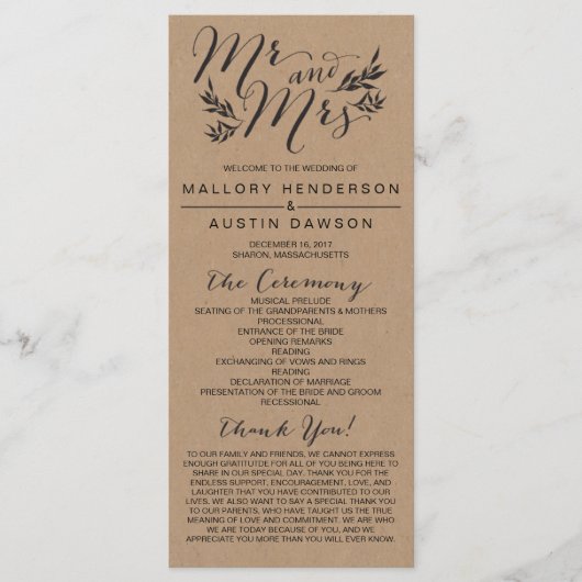 Rustic Kraft Floral Wedding Ceremony Programma Programmakaart (Voorkant)