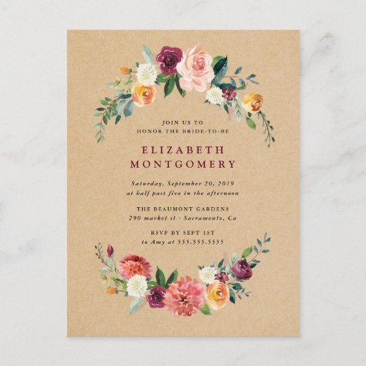 Rustic Kraft Floral Wreath Vrijgezellenfeest Uitnodiging Briefkaart (Voorkant)