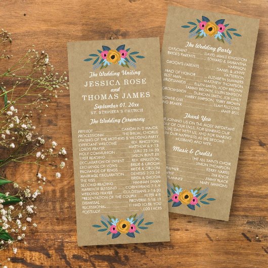 Rustic Kraft Floral Wreath Wedding Program Reclamekaart