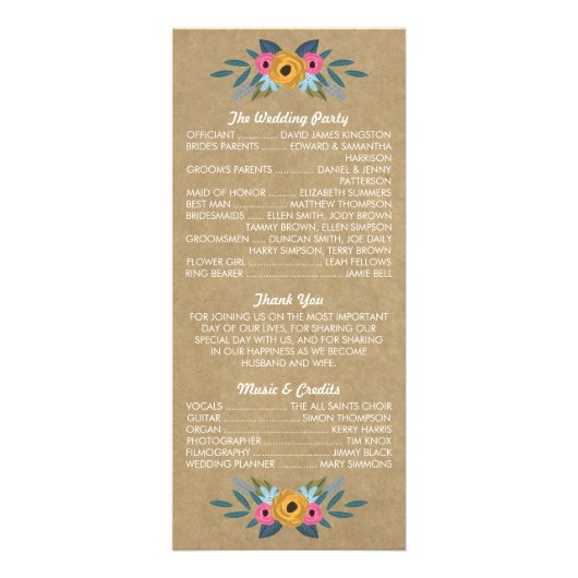 Rustic Kraft Floral Wreath Wedding Program Reclamekaart (Achterkant)