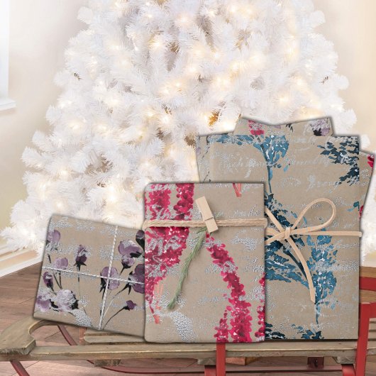 Rustic Kraft Florals & Silver Handwriting Inpakpapier Vel