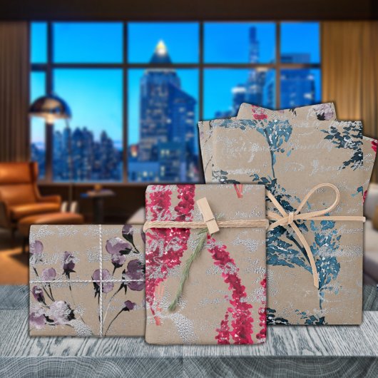 Rustic Kraft Florals & Silver Handwriting Inpakpapier Vel