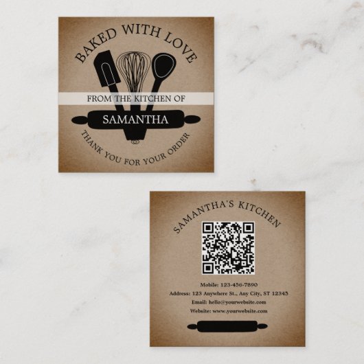 Rustic Kraft gebakken met liefde QR-code Bedankt Vierkante Visitekaartje (Voorkant / Achterkant)