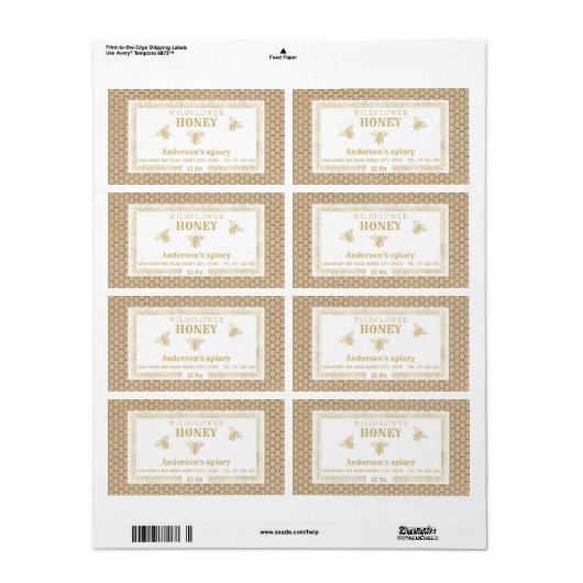  rustic Kraft Gold bijenhoningpot Etiket (Full Sheet)